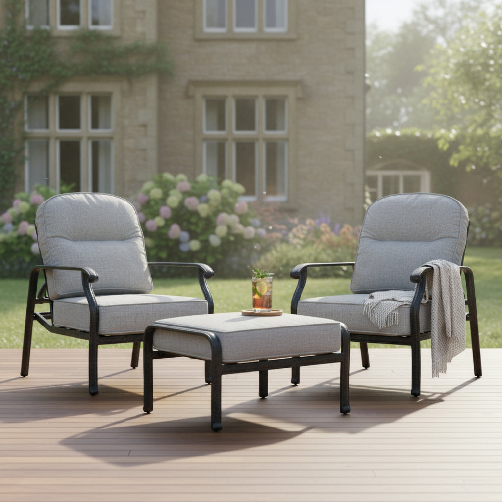 2 Chair Reclining Lounge Bistro Set with Footstools & Side Table