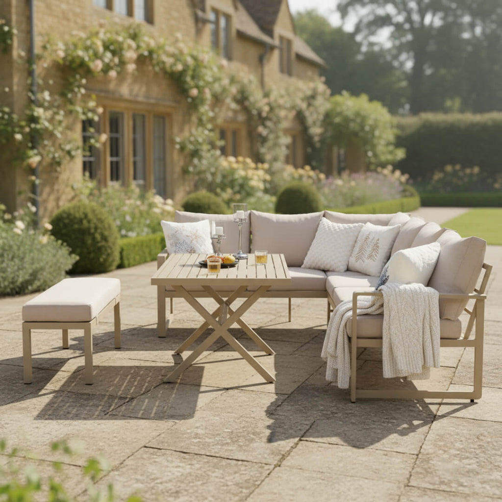 L Corner Sofa Set with Bench, X-leg Dining Table
