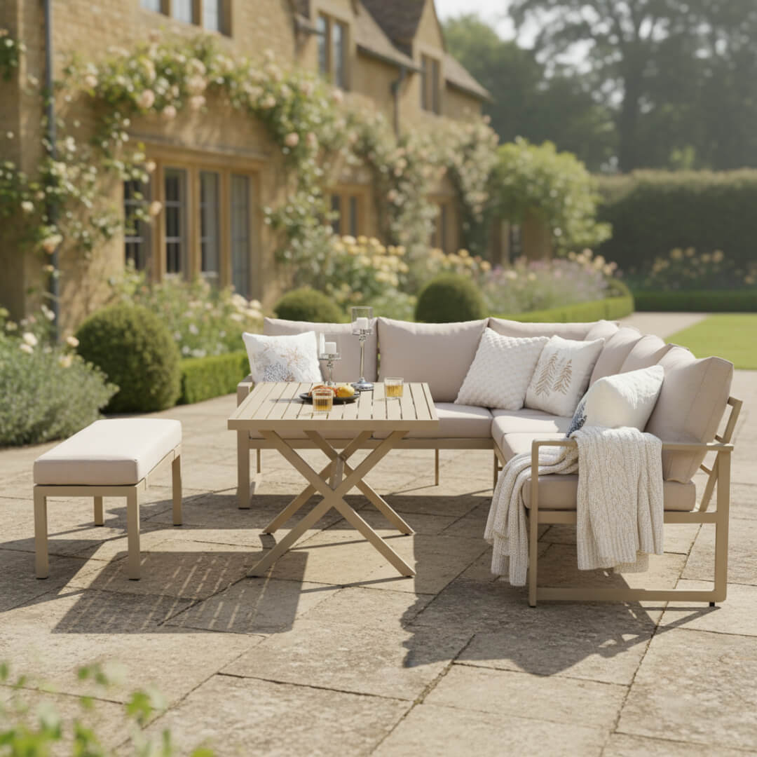 L Corner Sofa Set with Bench, X-leg Dining Table