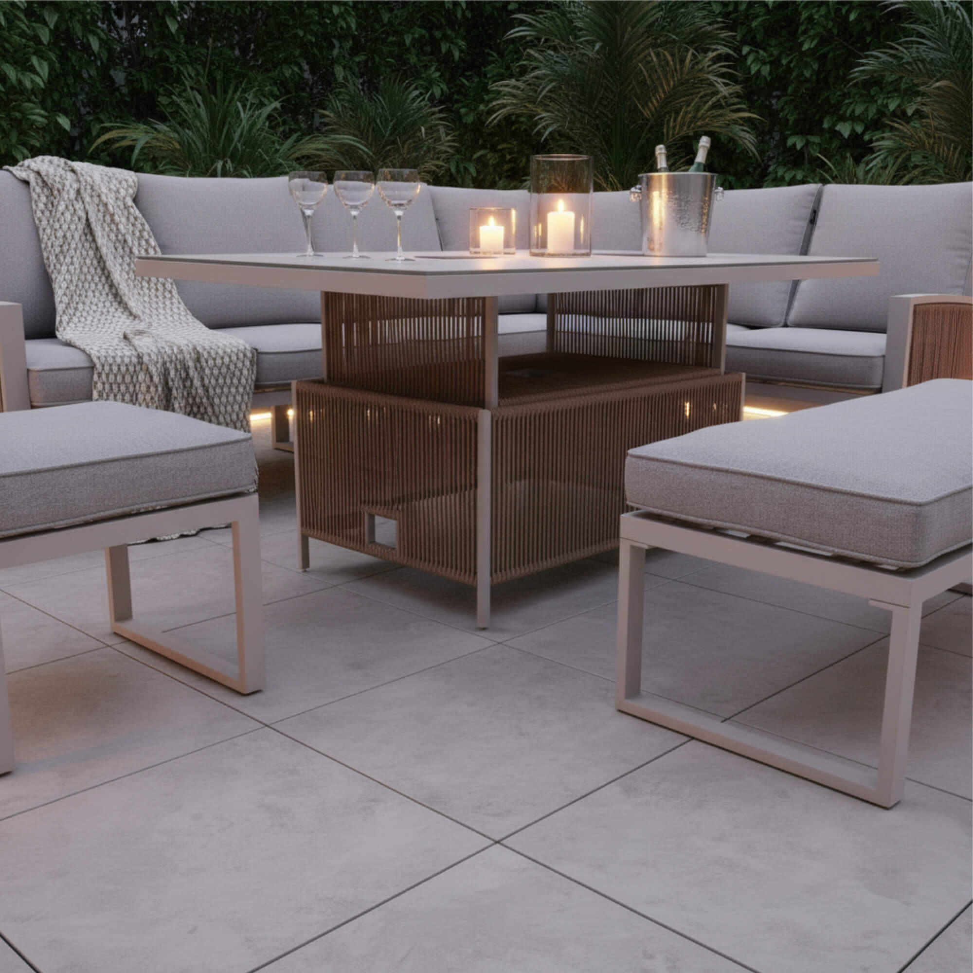 L Corner Sofa Set with Bench, Stool & Height Adjustable Table