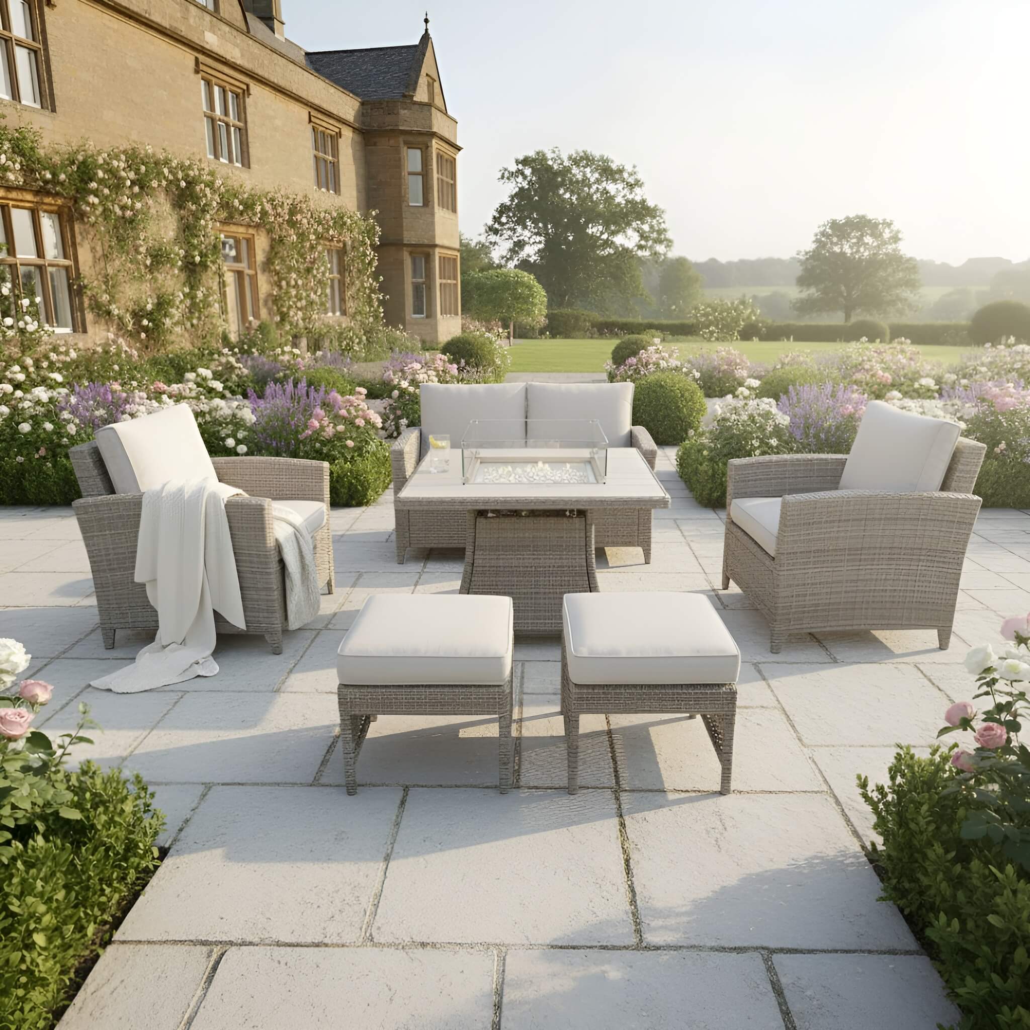 2-Seater Sofa Set with 2 Armchairs & Firepit Table