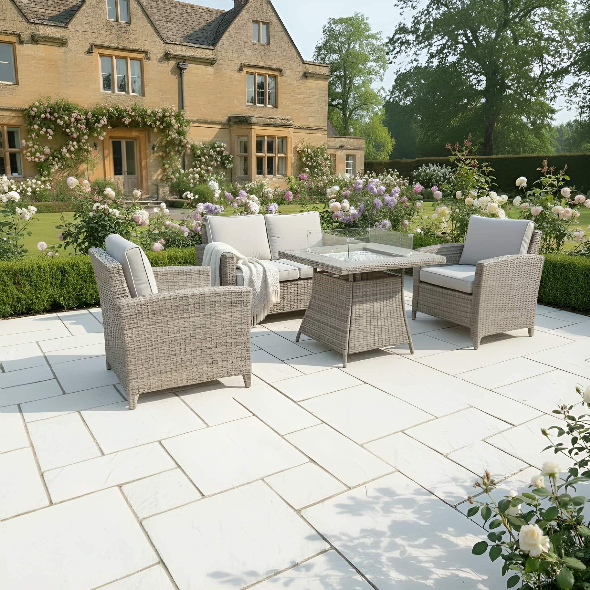 2-Seater Sofa Set with 2 Armchairs & Firepit Table